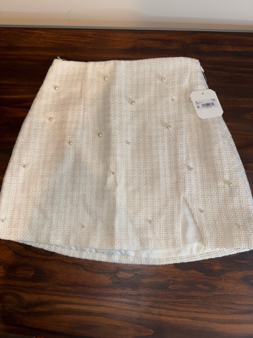 Altar'd State Ivory Pearl-Embellished Tweed Mini Skirt